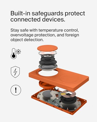 Image of Belkin 2-in-1 Wireless Charging Pad with MagSafe 15W, Fast Charging iPhone Charger - Wireless Charging Station for iPhone 17, 16, 15, and 14 Series, AirPods, and Other MagSafe Enabled Devices - Orange | Fast Wireless Charging Up to 15W for Iphone 12 and Later Models. Additional 5W Qi Pad for Airpods or Other Devices. Compact