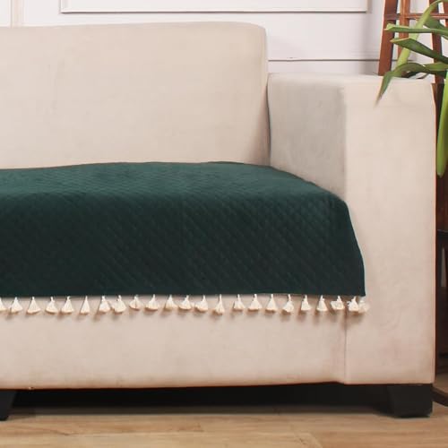 Image of 3-Seater Quilted Velvet Sofa Cover with Tassels | Geometric & Solid Color Design | Elegant Sofa Protector for Living Room | Soft, Washable & Stylish Home Decor (Dark Green)