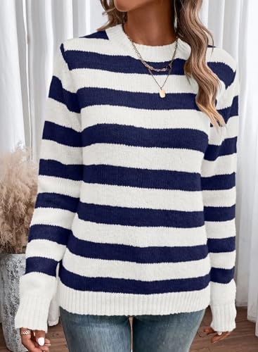 Image of Dokotoo Sweaters for Women 2026 Crewneck Striped Cute Color Block Fall Winter Knitted Pullover Tops