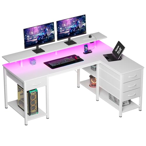 Seventable 120cm L Shaped Computer Desk with LED Lights USB Ports Power Outlets Monitor Stand & Storage Drawers(Reversible Design) Modern Corner Desk for Bedroom or Home Office White