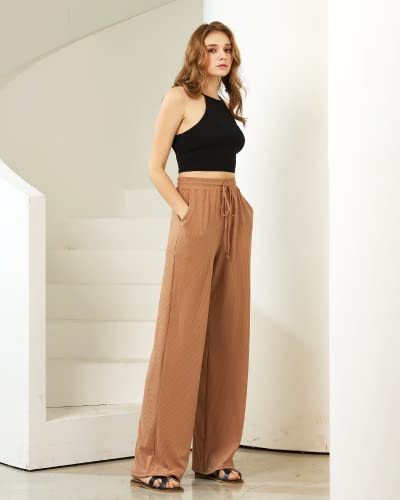 noflik Women's Casual Elastic High Waisted Drawstring Wide Leg Ribbed Knit Pants with Pockets3