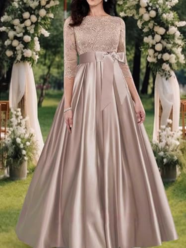 Mother of The Bride Dresses Long Evening Formal Dresses Lace Wedding Guest Groom Gowns Applique 3/4 Sleeve Bowknot3