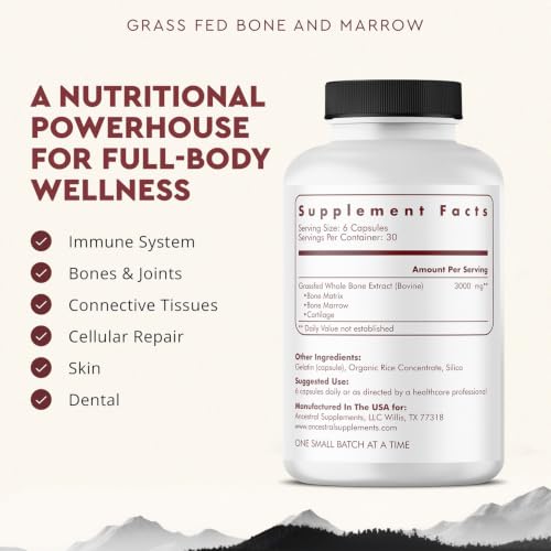 Ancestral Supplements Grass Fed Beef Bone and Marrow Supplement, 3000mg, Skin, Oral Health, and Joint Support Supplement, Promotes Whole-Body Wellness, Non GMO Whole Bone Extract, 180 Capsules