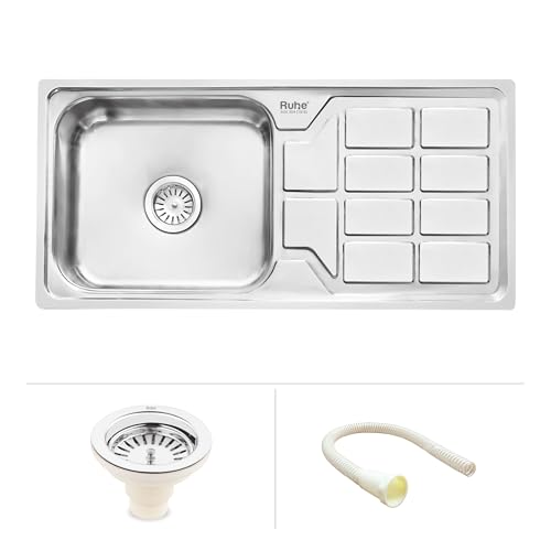 Image of Ruhe? Square Single Bowl 45 x 20 x 9 inch Drainboard Kitchen Sink | 304-Grade Stainless Steel Square Single Bowl with Drainboard Kitchen Sink | Glossy Finish | Included Sink Coupling and Waste Pipe