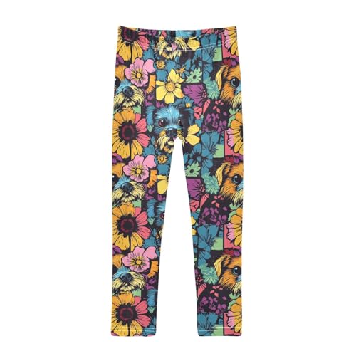 Patchwork Colorful Flower Dog Girls Casual Leggings for Kids Printed Long Pant Bottoms Stretch and Soft