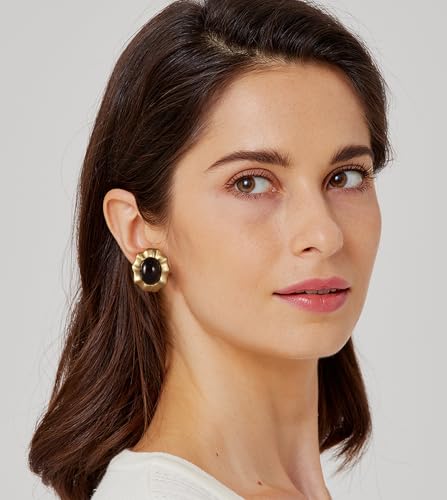 Big Chunky Gold Earrings for Women, Trendy Vintage 14K Gold Plated Black Cubic Zirconia Enamel Stud Statement Earrings Dupes Jewelry for Women Gifts for Her3