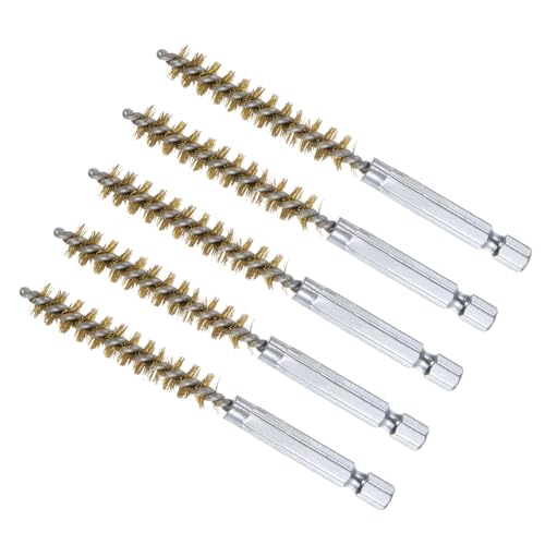 Image of Bore Brush, 9mm Dia 4 Inch Length, Brass Cleaning Wire Brushes with 1 /4 Inch Hex Shank - (Applications: for Power Drill, Die Grinder), 5-Pieces