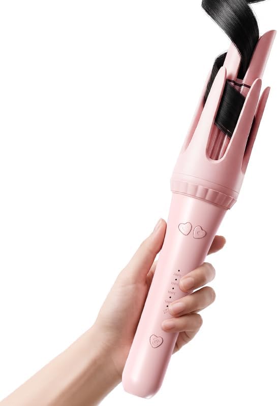 Automatic Curling Iron 1.25 Inch, Rotating Hair Curler for Beach Waves, Auto Hair Curler with Anti-Scald & Anti-Tangle, Dual Voltage Ceramic Curling Wand for Long & Short Hair, Pink