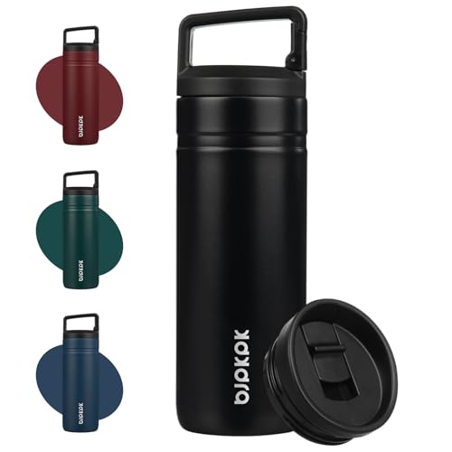 Image of BJPKPK 20 oz Insulated Travel Water Bottle, Coffee Tumbler Stainless Steel | Double Wall Vacuum, Leakproof, Thermal, Keeps Hot /Cold, BPA Free, Dishwasher Safe, Spill Proof, Wide Mouth, 2 Lids, Black
