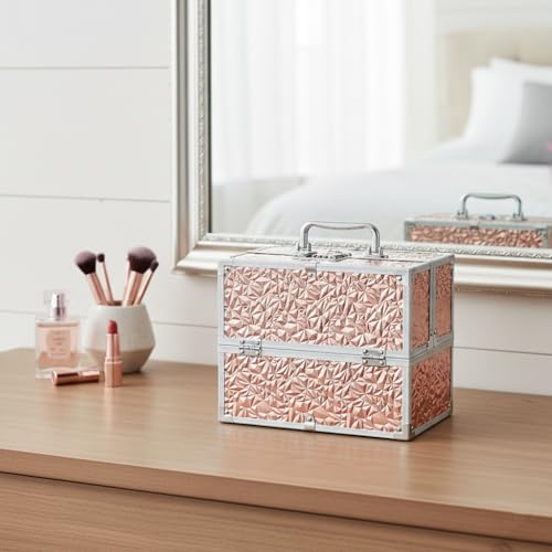 Image of Adson Professional Makeup Box Cosmetics Case Jewelry Organiser Vanity Make Up Storage Box Beauty Train Case Lockable with Keys (Diamond Glow Rose Gold)