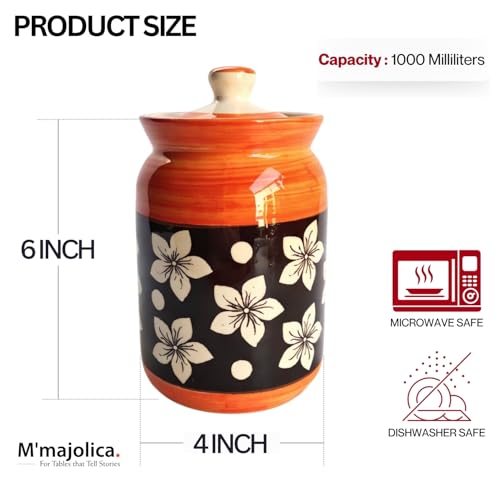 Image of Orange Ceramic Handglazed Pickle Jars Set of 2-1000 ML Each | 1 kg Achaar Martban Barni Jar with Lid | Ceramic Storage Jar Container Pickle, Chatney
