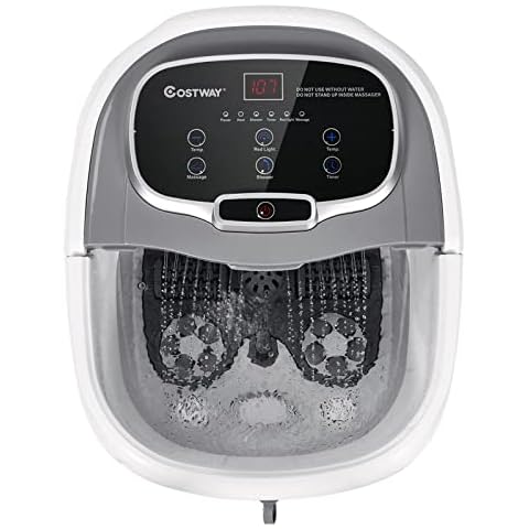 COSTWAY Foot Spa/Bath Massager, with Motorized Rollers, Shiatsu Massage, Shower, Heat, Red Light, Temperature Control, Timer, LED Display, Drainage Pipe for Foot Stress Relief (Grey) Cover