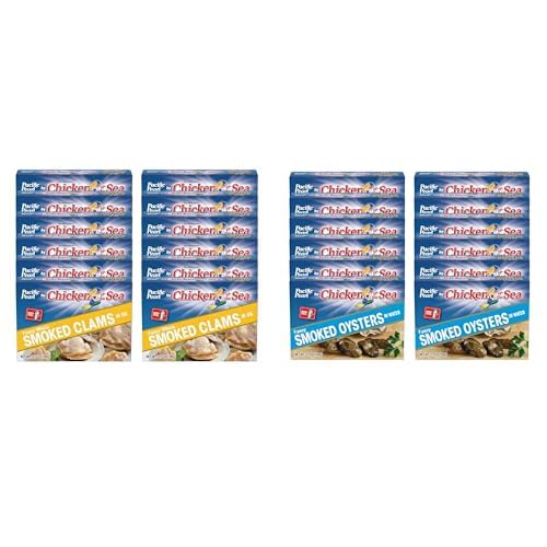 Pacific Pearl Fancy Seafood Bundle - Whole Smoked Clams in Oil & Smoked Oysters in Water, 3.75 oz (Pack of 12 Each)