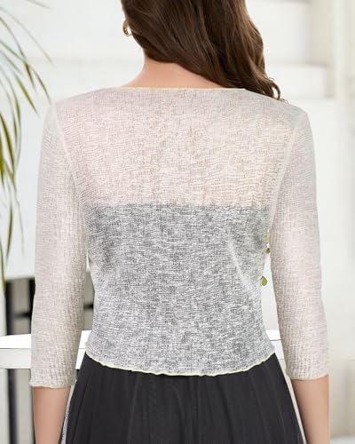 Image of Women Crop Cardigan Sheer Mesh Bolero Shrug for Dress Tie Front 3 /4 Sleeve Tops