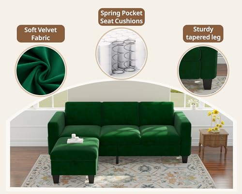 Image of SRMS Sectional Couches for Living Room 78 inch L Shaped Sofa with Storage Ottoman | Free 3 - Pillows | Sofa Set for living Room, Office | Modern Classic 3 Seater Sofa Set | Timeless Appeal | | Dark Green