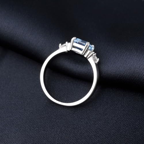 Emerald Cut 3 Stones Ring for Women with Natural Sky Blue Topaz in 925 Sterling Silver, Blue Birthstone 14k White Gold Plated Promise Engagement Ring for Her, Anniversary Birthday Jewelry Set4