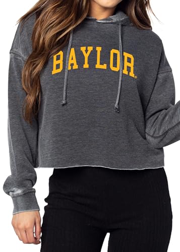 chicka-d Women's Relaxed Dropped Shoulder Cropped Fleece Hoodie NCAA Classic Arch Over Team Color, Baylor Bears, Charcoal, Large
