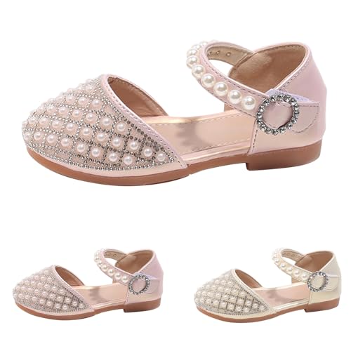 Girls Pearl Sequins Sandals Closed Toe Low Heel Glitter Strap Ankle Elegant Princess Shoes Kids Toddler Summer Pageant