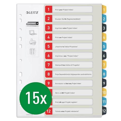 Leitz PC-beschriftbares Register in A4 Format, 15er Pack, 1-12, Robust, Mehrfarbig, Cosy-Serie, 12480000