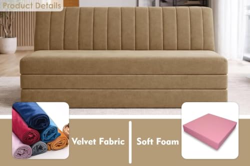 Image of 3-Seater Floor Sofa Cum Bed Modern Velvet Fabric Folding Couch for Living Room, Guest Room & Small Spaces-Golden