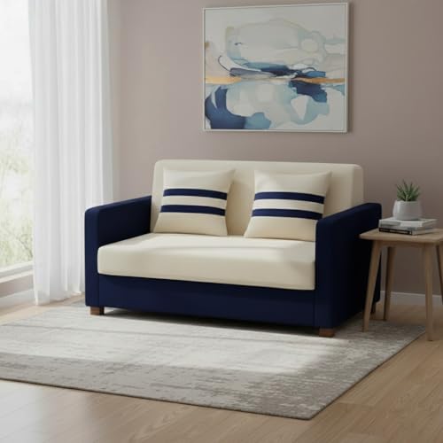 Image of FURNY Lifestylio 2 Seater Fabric Sofa Set (Cream-Dark Blue) Premium Velvet Finish | Ideal for Living Rooms, Offices