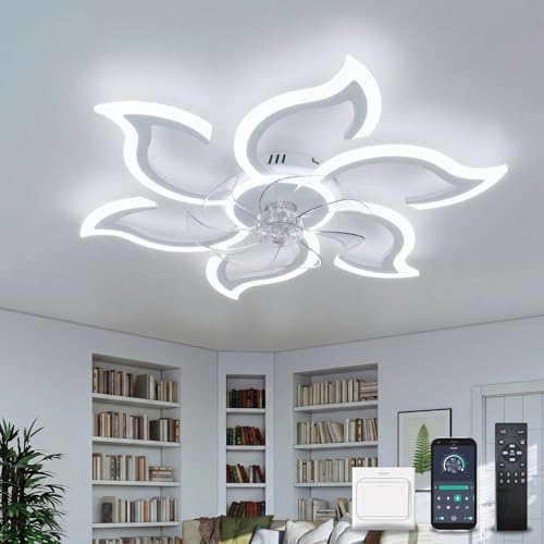 YOLEDY Lampada Ventilatore da Soffitto, Intelligente Pale da Soffitto con Luce e Telecomando, Forma a Fiore, Dimmerabile, Reversibile 6 Velocità, Motore DC con Timer, Bianco