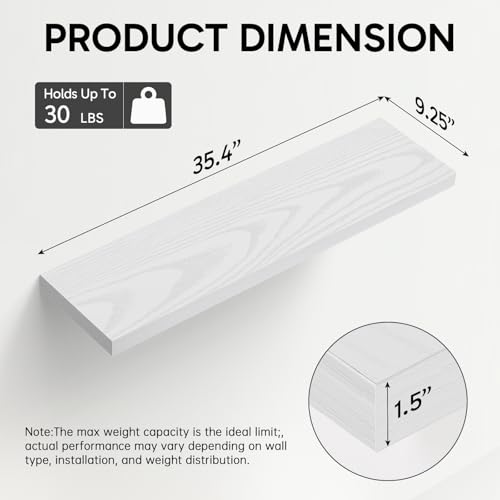 Image of BAYKA Floating Shelves for Wall, 35.4 inches Long Wall Mounted Rustic Wood Shelves for Bathroom, Bedroom, Living Room, Kitchen, Office, Hanging Shelf for Books /Storage /Decor(White,Set of 2)