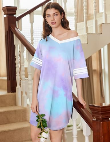 Image of Ekouaer Nightgowns for Women 2 Pack Sleepshirts Short Sleeve Nightshirt V Neck Sleepwear Casual Pajama Dress