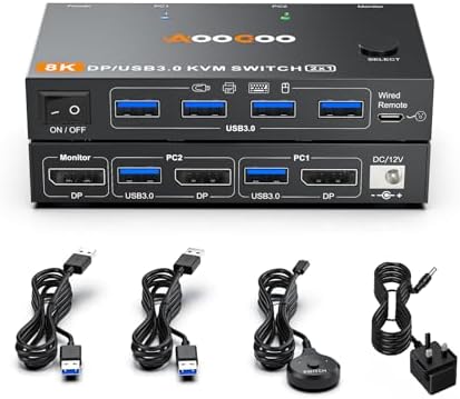 𝟖𝐊@𝟔𝟎𝐇𝐳/𝟒𝐊@𝟐𝟒𝟎𝐇𝐳 KVM Switch 1 Monitor 2 Computers, Displayport KVM Switches with Power Adapter and USB 3.0 Cables