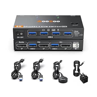 𝟖𝐊@𝟔𝟎𝐇𝐳/𝟒𝐊@𝟐𝟒𝟎𝐇𝐳 KVM Switch 1 Monitor 2 Computers, Displayport KVM Switches with Power Adapter and USB 3.0 Cables