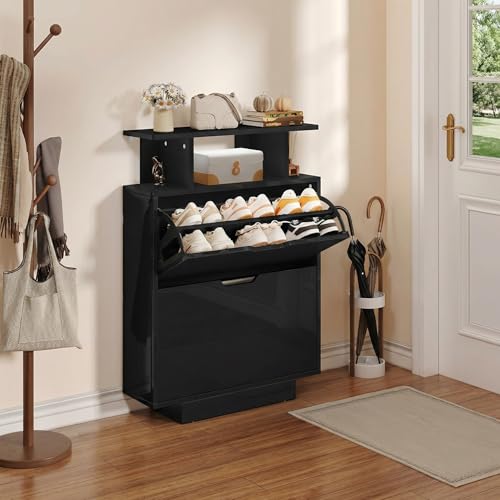 YITAHOME Meuble à Chaussures Haute Brillance, Armoires à Chaussures avec 4 tiroirs rabattables, séparateur réglable et Amovible, pour Couloir et Salon...