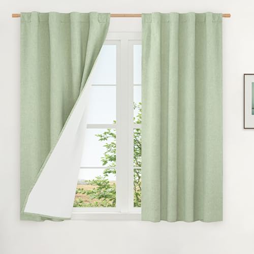 LAMIT Light Green Natural 100% Blackout Linen Curtains 45 Inches 2 Panels