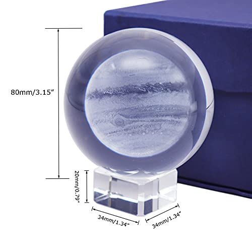 Image of 3 Inch /80MM Jupiter Crystal Ball, Display Globe Full Sphere Glass Paperweight with Clear Stand 3D Laser Engraved Glass Ball Sphere(Gifted Box Package)