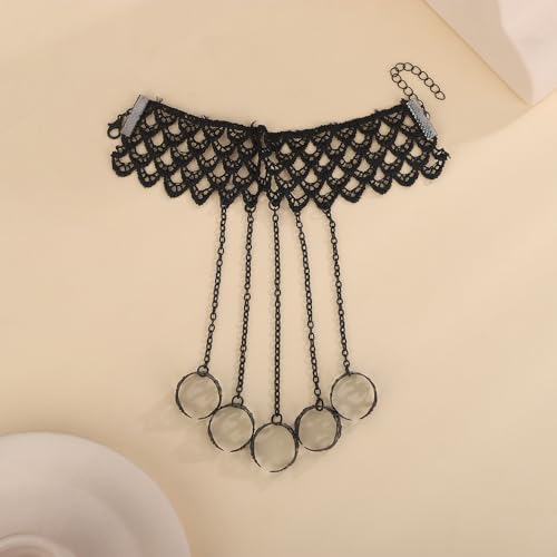 Denifery Dainty Vintage Gothic Halloween Black Lace Bracelet with Ring Bangle Metal Crystal Charm Steampunk Lace Black Slave Hand Chain Tassel Bracelet Rings for Women4