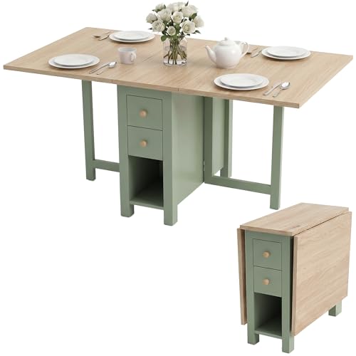 Blisswood Folding Dining Table for 46 People 130cm Extendable Drop Leaf Table with 2 Drawers & 3 Storage Shelves Space Saving Wooden Kitchen Dining Table for Small Spaces Painted Sage Green Finish