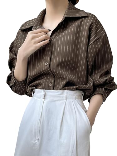 Image of Aahwan Solid Button Up Drop Shoulder Vertical Stripe Pattern Casual Long Sleeve Shirt for Women's & Girl's