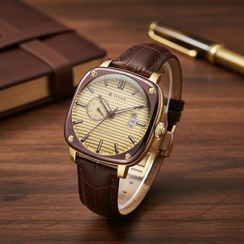 Image of Titan Vintage Concealed Automatic Analog with Beige Dial Brown Leather Strap Watch for Men - 90225KL03