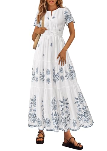 Image of PRETTYGARDEN Womens Summer Dresses Floral Maxi Boho Spring Long Dress | Lightweight Cotton Embroidery, V Neck Short Sleeve Empire Elastic Waist, Flowy Vacation Wedding Guest Dresses, with Pockets