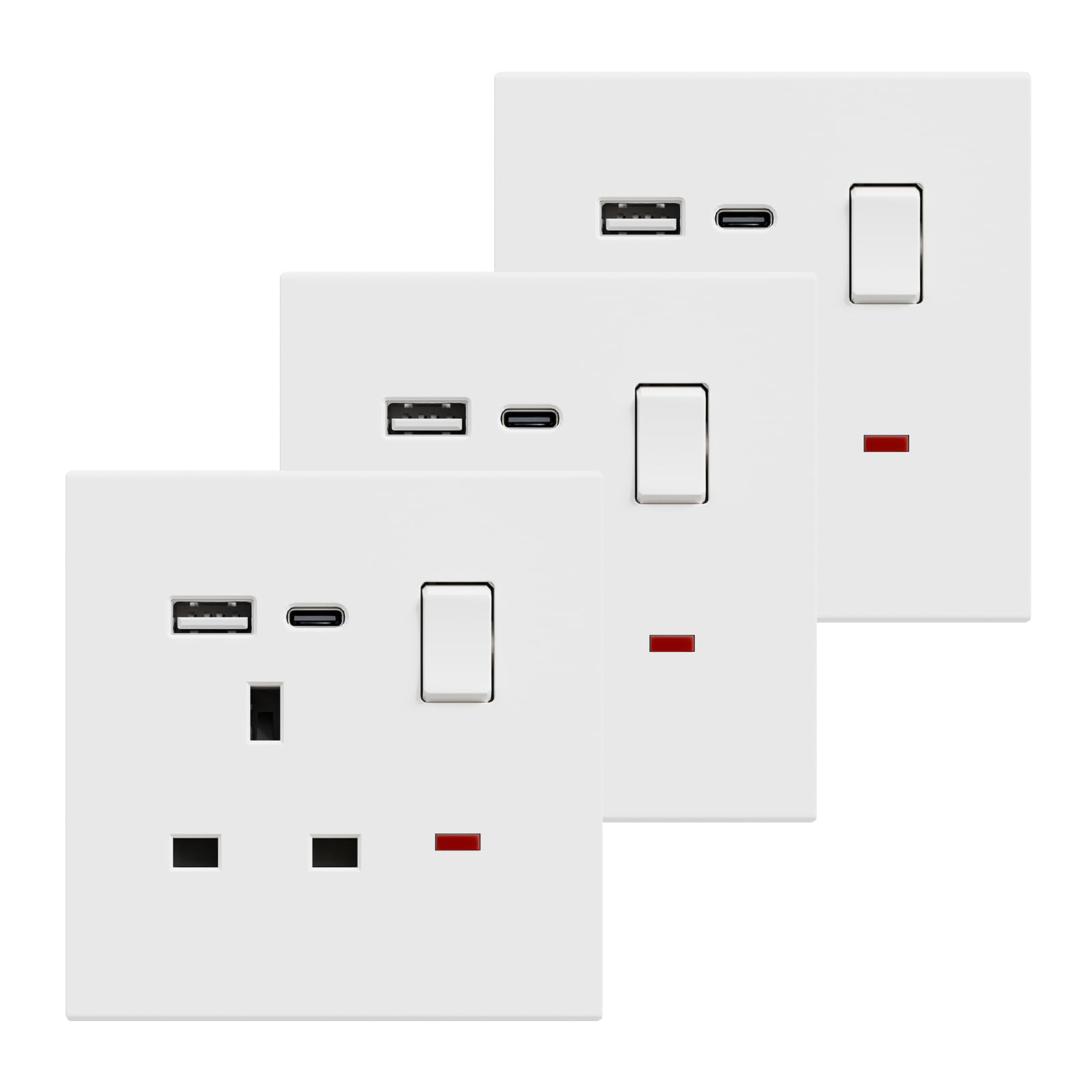BSEED Single Socket with USB C 3 Pack, Electrical Single Switched Power Plug Wall Socket with LED Indicator, PC Wall Plate Outlet, White, 13A