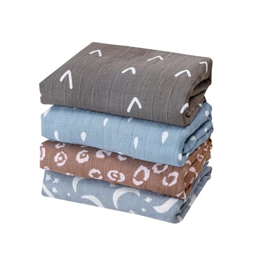 Image of CoolaPeach 4 Set Muslin Swaddle Blankets for Newborn Baby Boys, Girls,Receiving Blankets-Cute Soft Print Baby Towel Wrap 120x110cm Baby(Moon)