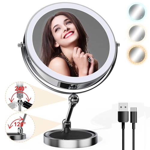 YMHSOLDR Makeup Mirror with Lights[Brightness Enhanced Version], Real 2000mah Rechargeable Double Sided 10x Magnifying Mirror with 3 Colors Table Vanity Mirror with Adjustable Height and Stand,Chrome