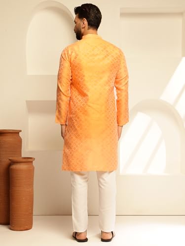 Image of SOJANYA (Since 1958 Men's Jacquard Silk Woven Motifs Kurta With White Pyjama