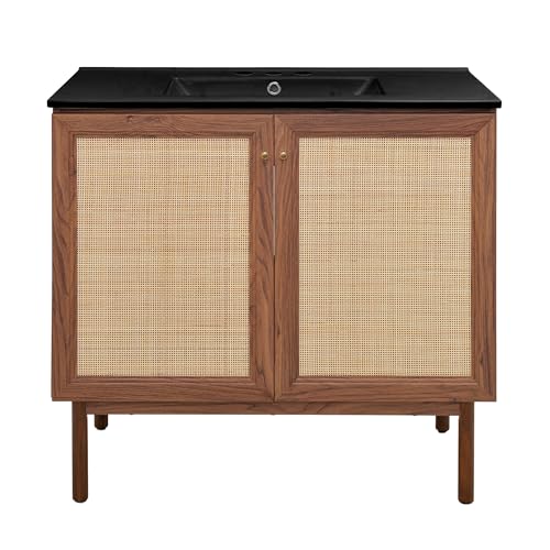 Image of Swiss Madison Classe 36 in. Brown Oak Bathroom Vanity with Black, 3-Hole Ceramic Sink Top
