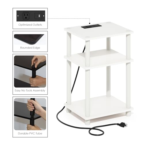 Image of Furinno Just 3-Tier Turn-N-Tube Open Storage Side Table, End Table with USB and Type-C Charging Station, White /White