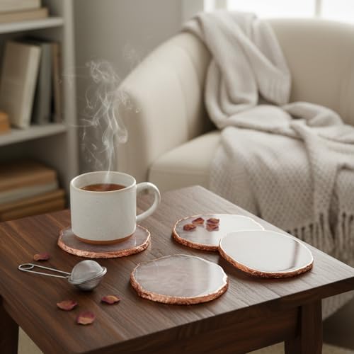 Image of Natural Agate Stone Tea Coasters Set | Premium Stone Coasters for Tea, Coffee & Glass | Heat Resistant Coasters for Dining Table, Office Desk & Home Decor | Pack of 4 | Color -White