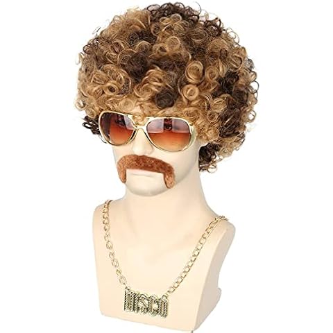 Topcosplay 3 PCS Men's Wig 70s 80s Disco Dude Dirt Bag Wig & Moustache Necklace Short Curly Afro Shaggy Wig Blonde Mixed Black Cover