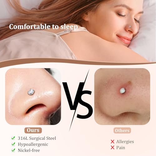 PANSYIRIS 12PCS 18G Nose Ring Hoop 20G Nose Studs Sets, 316L Surgical Steel Hypoallergenic CZ Hinged Clicker L Shape/Corkscrew Nose Studs Piercing Jewelry for Women Men Silver by PANSYIRIS - Used condition - Image 4