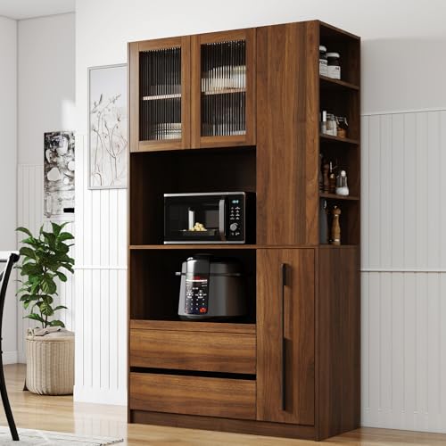 Tall Kitchen Hutch Cabinet with Pull-out Shelves, Storage Drawers, Glass