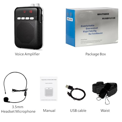 Tragbarer 2400mAh Wiederaufladbarer Sprachverstärker mit Kabelgebundenem Mikrofon, Headset und Bund Persönliches Mikrofon und Lautsprecher fürLehrer/Schulung/Treffen/Tour/Leitfaden((Schwarz)