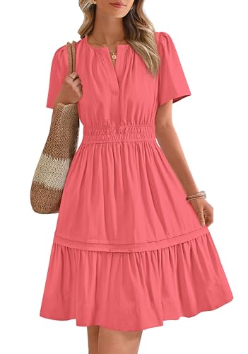 BTFBM Women's Casual Dresses 2025 Summer Spring V Neck Short Sleeve Sundress Smocked Waist A Line Tiered Mini Dress